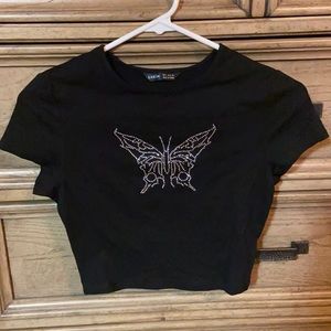 Black rhinestone butterfly crop top
